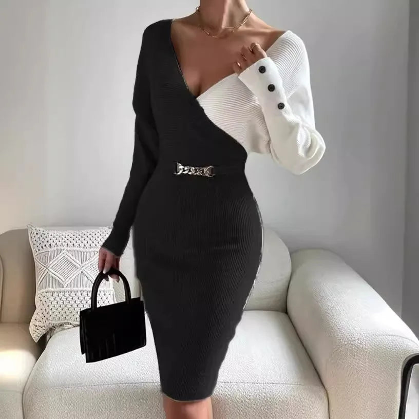 Sweater Dresses High Waist Button Decor Trend Sheath Sexy Dress Women Long Sleeve V-neck Mid-Length Long Sleeve Knit Midi Dress