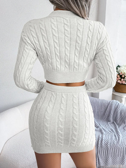 Women Clothes Set Twist Midriff-Baring Sweater Hip Mini Skirt Knitting Suit Solid Color