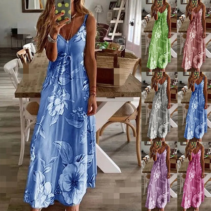 Women Green Floral Print V-Neck Long Dresses Casual Bohemian Sleeveless Women Beach Party Dress