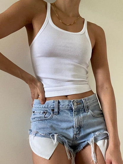 Casual White Sleeveless Cotton Cami Top Women Fashion Ribbed Crop Top Tees Ladies Basic Fitness Camisole Summer 2023