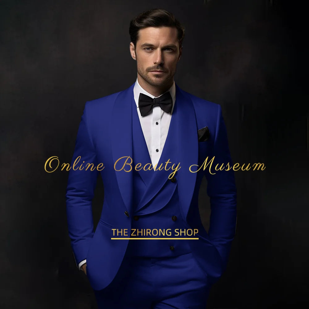 Elegant lake blue Tuxedo Suit for Men 3 piece set Jacket Vest Pants Classic Attire for Wedding Dating Host Prom Ball Party