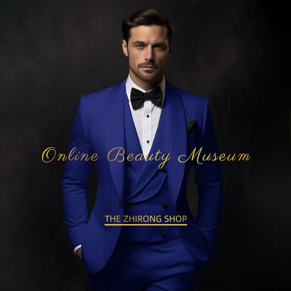 Elegant Blue Tuxedo Suit for Men 3 piece set Jacket Vest Pants Classic Attire for Wedding Dating Host Prom Ball Party