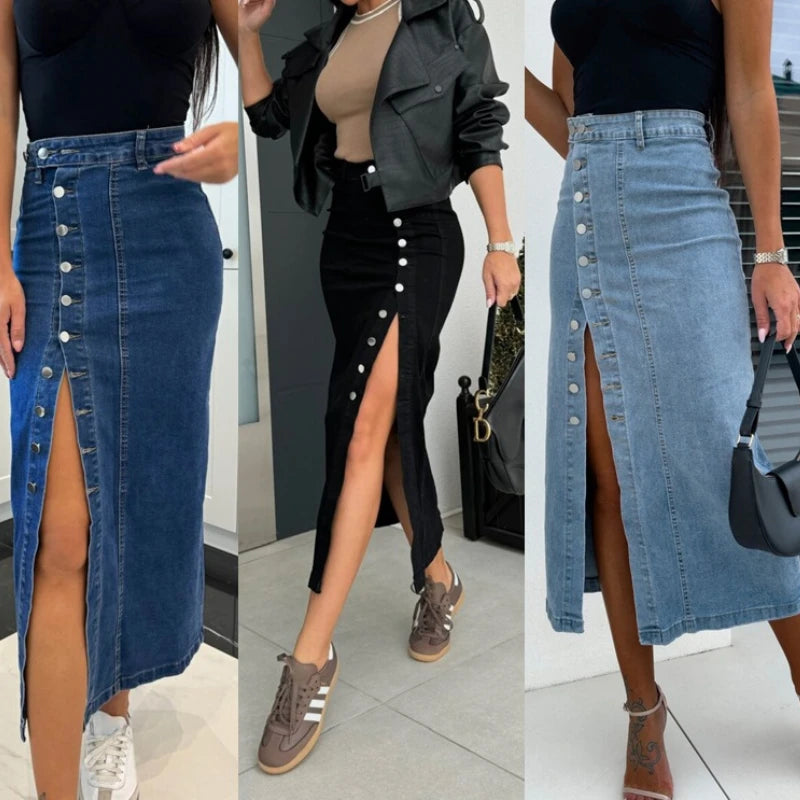 Women Denim Skirt Jeans Button Straight Skirts High Waist Split Cotton Y2k Slim Elegant Vintage Strech Streetwear Spring Summer