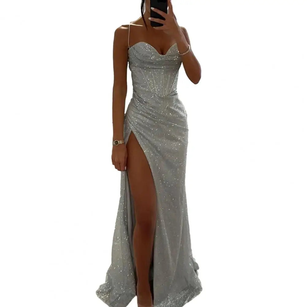 Versatile Party Dress Elegant Sequin Spaghetti Strap Evening Dress with Off Shoulder High Split for Women's Prom Floor Length