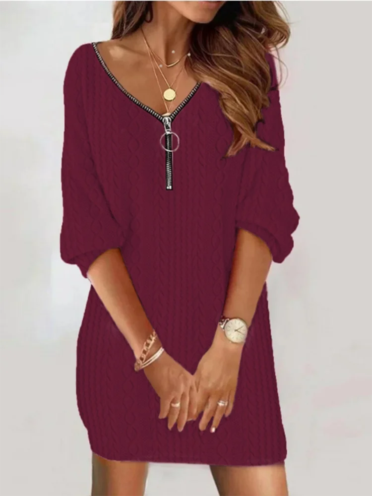 Fashion V-Neck Long Sleeve Solid Color Zipper Dress Women's Casual Simple Vacation Spring Autumn Dresses