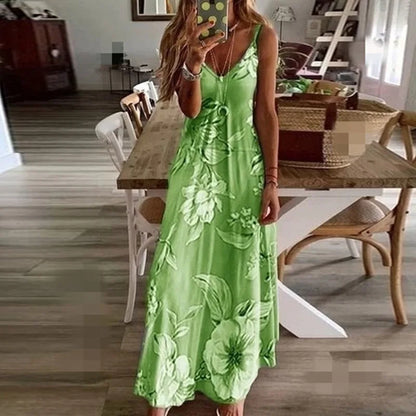 Women Green Floral Print V-Neck Long Dresses Casual Bohemian Sleeveless Women Beach Party Dress