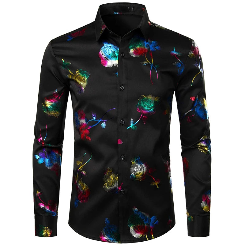 Men's Gold Shirt 3D Rose Print Slim Fit Button-Down Party Dress Shirt Athleisure Fashion Comfortable Long Sleeve