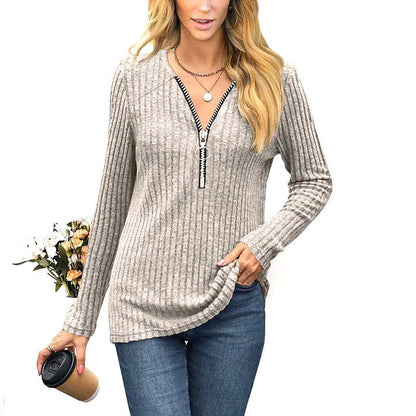 Autumn and Winter Woman Clothing V-neck Pullover Long Sleeved Tops Chest Zipper Top for Women Slim Blouse Casual Comfort T-shirt