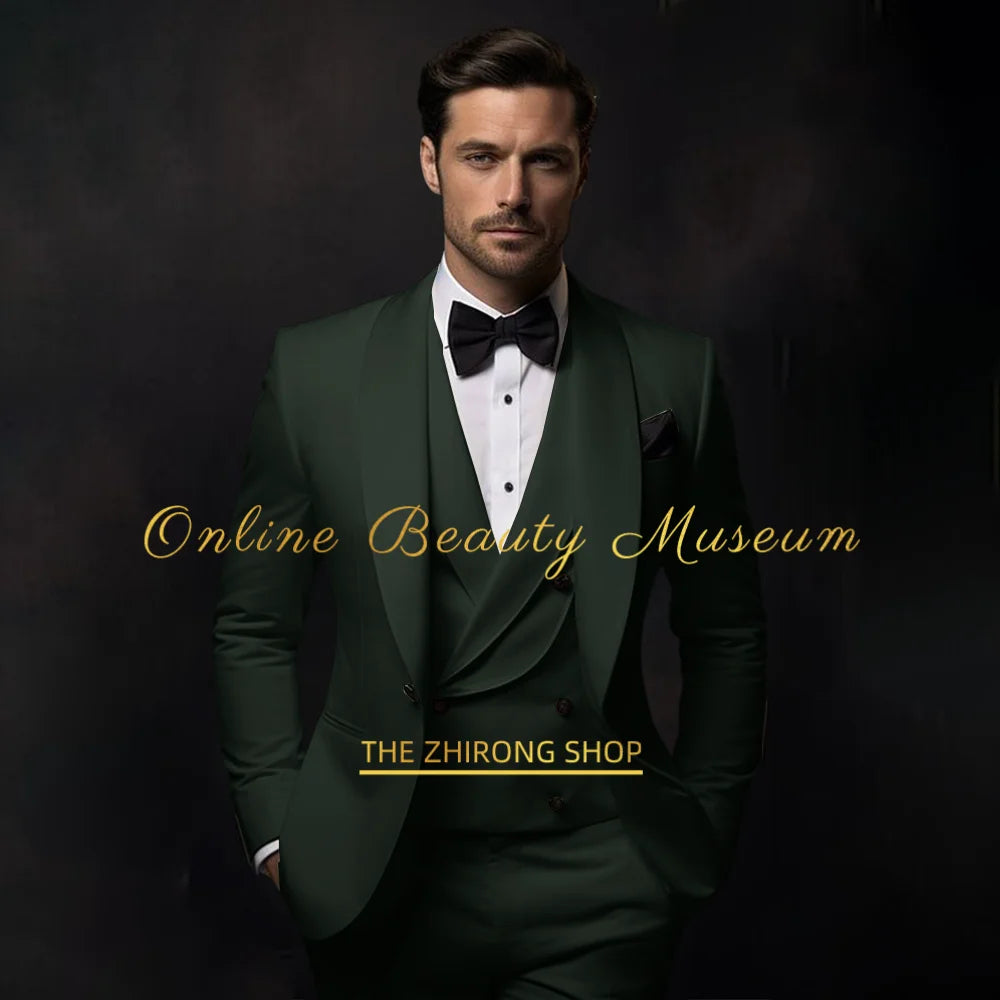 Elegant Green Tuxedo Suit for Men 3 piece set Jacket Vest Pants Classic Attire for Wedding Dating Host Prom Ball Party