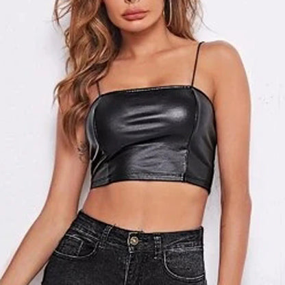 PU Leather Tank Tops Women Sexy Black Bustiers Deep V-Neck Spaghetti Strap Corset Vest Nightclub Cropped Tops Women Vest