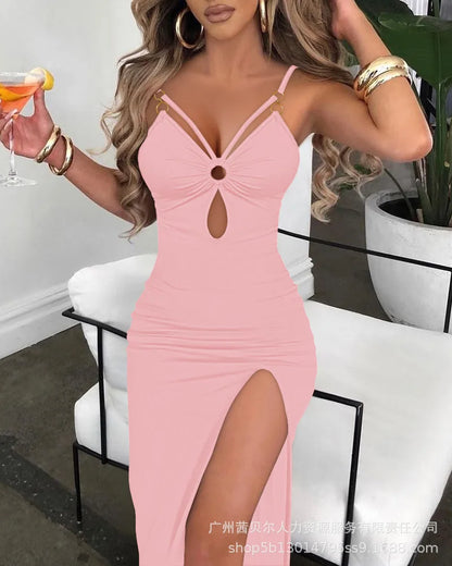 Summer Sexy Dress Women Sleeveless Spaghetti Strap Bodycon Dress Jacquard Fabric Sling Hollow Party Dresses