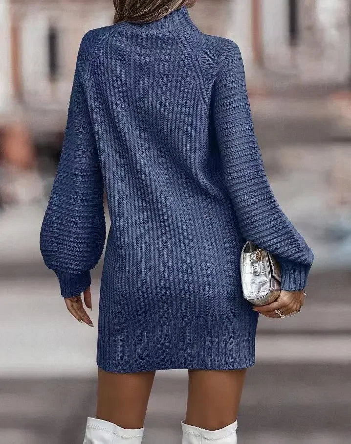 High Collar Long Sleeve Knitted Sweater Dress, Casual Dresses, Monochromatic, New Fashion, Autumn and Winter