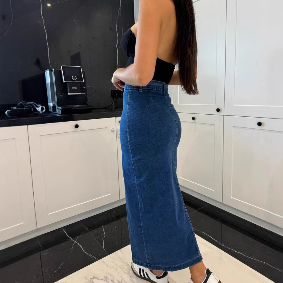 Women Denim Skirt Jeans Button Straight Skirts High Waist Split Cotton Y2k Slim Elegant Vintage Strech Streetwear Spring Summer