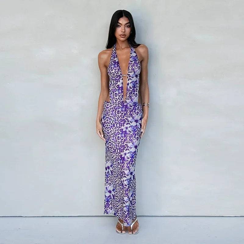 Printed Deep V Hollow Out Party Sexy Dresses Backless Bodycon Elegant Long Dress Women 2024 Summer Dress Vestidos