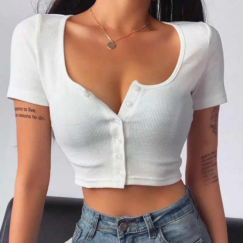 90S Vintage  Cropped Top Woman Fashion T-shirt Women Buttons Skinny Sexy White Knit Tee Shirt