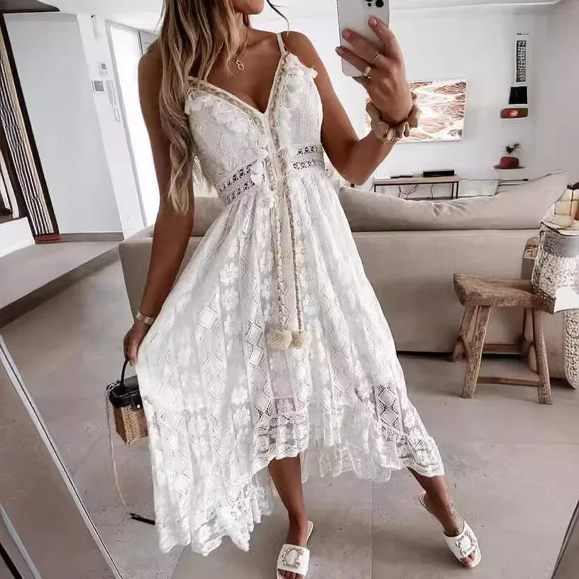 Elegant Dress 2024 Summer New V-neck Lace Hanging Strap Large Swing Solid Color Long Dress For Evening Party