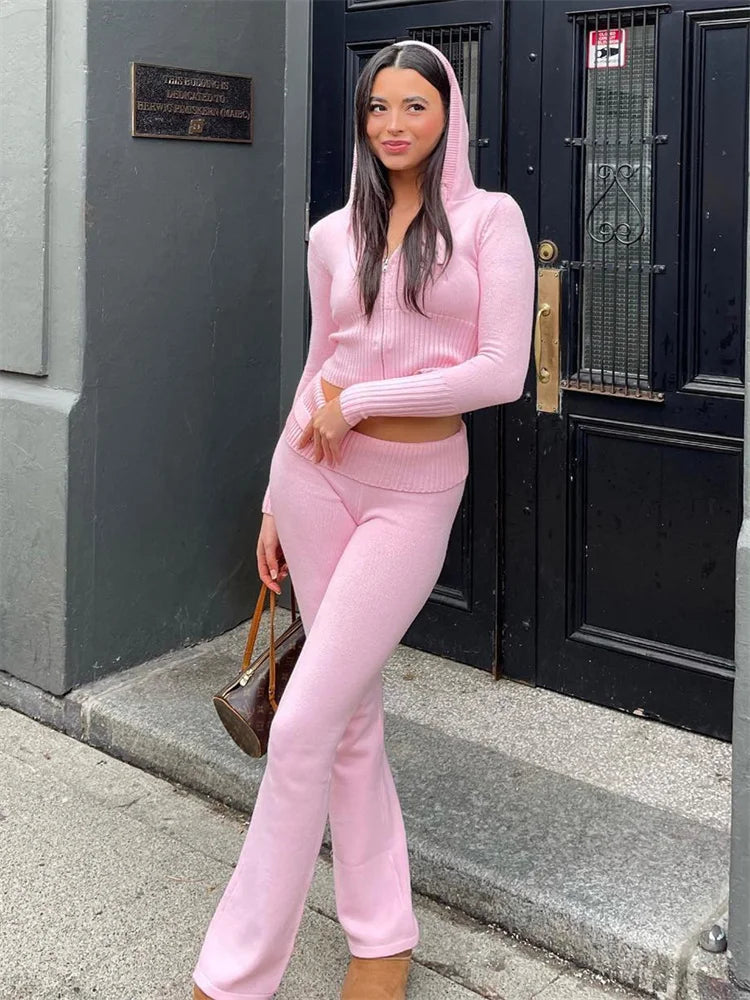 Autumn New Knitted Hoodie Set Women's Fashion Brand Solid Color Sexy High Waist Long Sleeve Pants Two Piece Set