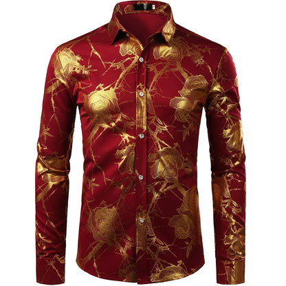 Men's Gold Shirt 3D Rose Print Slim Fit Button-Down Party Dress Shirt Athleisure Fashion Comfortable Long Sleeve