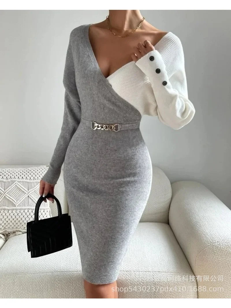 Sweater Dresses High Waist Button Decor Trend Sheath Sexy Dress Women Long Sleeve V-neck Mid-Length Long Sleeve Knit Midi Dress