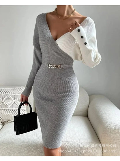 Sweater Dresses High Waist Button Decor Trend Sheath Sexy Dress Women Long Sleeve V-neck Mid-Length Long Sleeve Knit Midi Dress