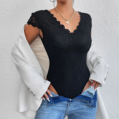 Sexy Bodysuit Women White Bodycon Long Sleeve V Neck Lace Bodysuits Overalls Tops Female Body Suit