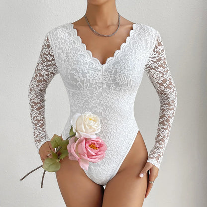 Women Floral Lace Scallop Trim Teddy Bodysuit Long Sleeve V Neck Slimming Body Shaper Sexy Night Club Party Leotards Tops