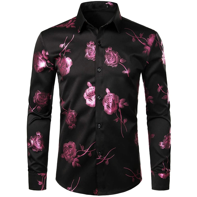 Men's Gold Shirt 3D Rose Print Slim Fit Button-Down Party Dress Shirt Athleisure Fashion Comfortable Long Sleeve