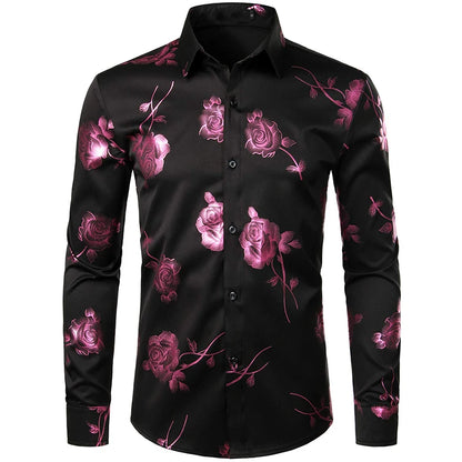 2024 New Men's Gold Shirt 3D Rose Print Slim Fit Button-Down Party Shirt Athleisure Fashion Comfortable Long Sleeve