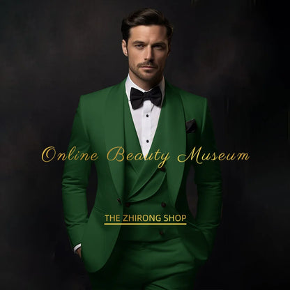 Elegant Green Tuxedo Suit for Men 3 piece set Jacket Vest Pants Classic Attire for Wedding Dating Host Prom Ball Party