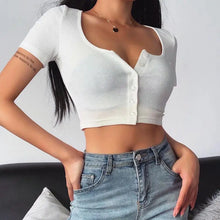 90S Vintage  Cropped Top Woman Fashion T-shirt Women Buttons Skinny Sexy White Knit Tee Shirt