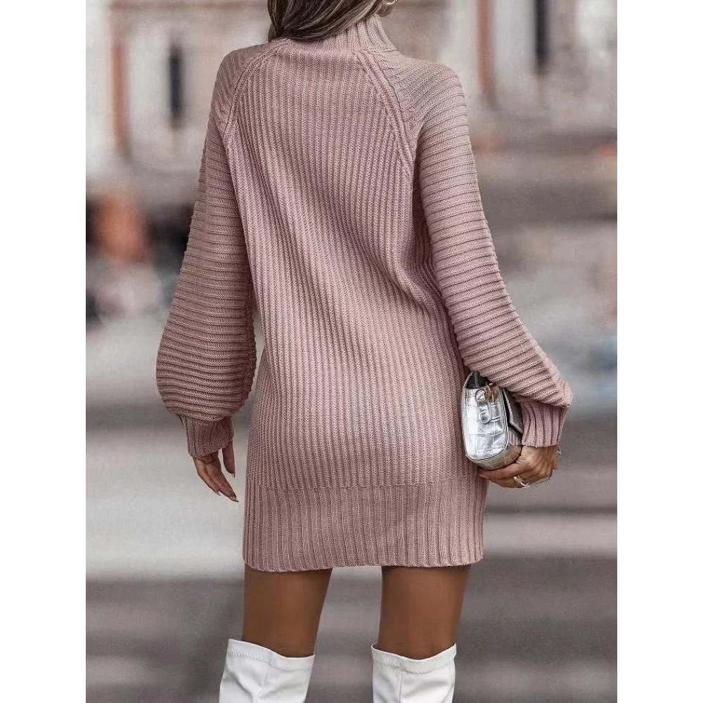 High Collar Long Sleeve Knitted Sweater Dress, Casual Dresses, Monochromatic, New Fashion, Autumn and Winter