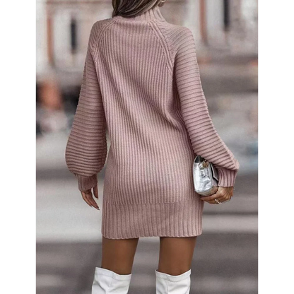 High Collar Long Sleeve Knitted Sweater Dress, Casual Dresses, Monochromatic, New Fashion, Autumn and Winter