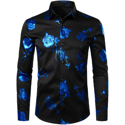 Men's Gold Shirt 3D Rose Print Slim Fit Button-Down Party Dress Shirt Athleisure Fashion Comfortable Long Sleeve