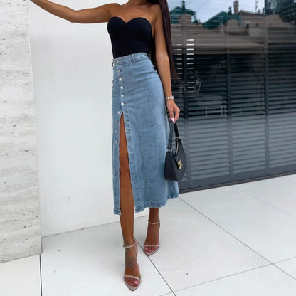 Women Denim Skirt Jeans Button Straight Skirts High Waist Split Cotton Y2k Slim Elegant Vintage Strech Streetwear Spring Summer