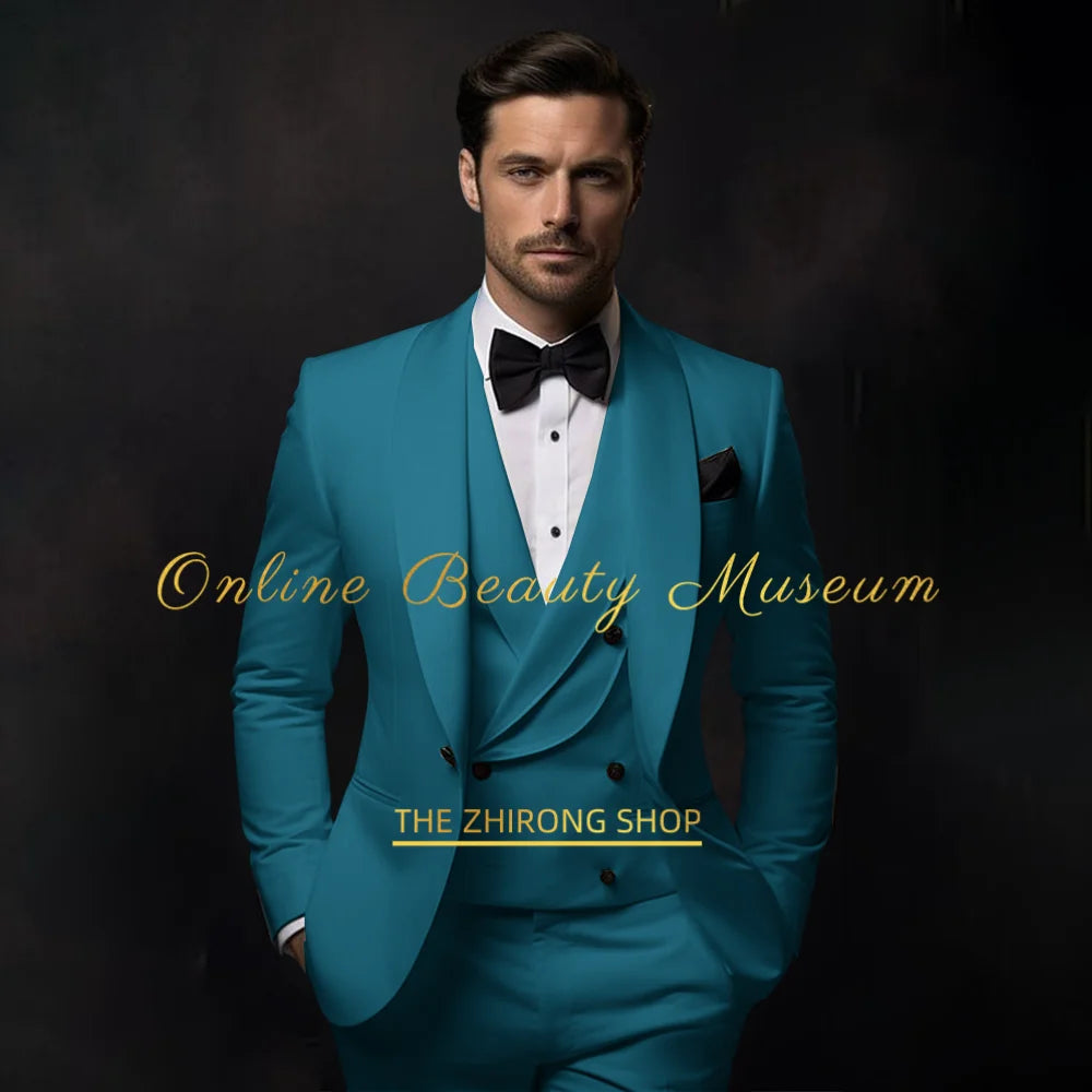 Elegant lake blue Tuxedo Suit for Men 3 piece set Jacket Vest Pants Classic Attire for Wedding Dating Host Prom Ball Party