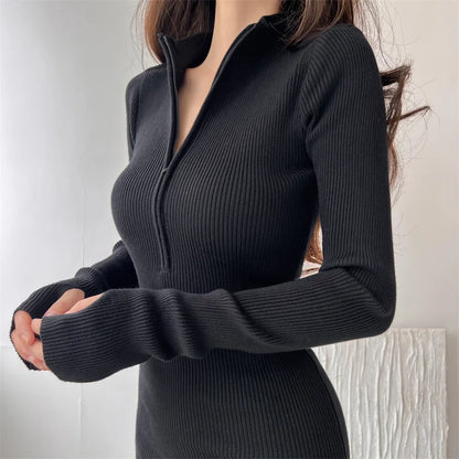 Chic Sheath Knitted Dress Women Blue New Autumn Zipper Stand Collar Mini Knit Vestido Long-sleeve Korean Street Knitwear Winter