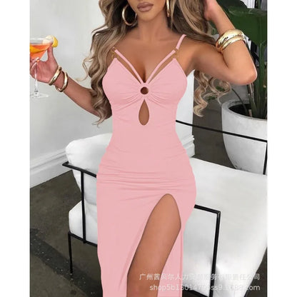 Summer Sexy Dress Women Sleeveless Spaghetti Strap Bodycon Dress Jacquard Fabric Sling Hollow Party Dresses