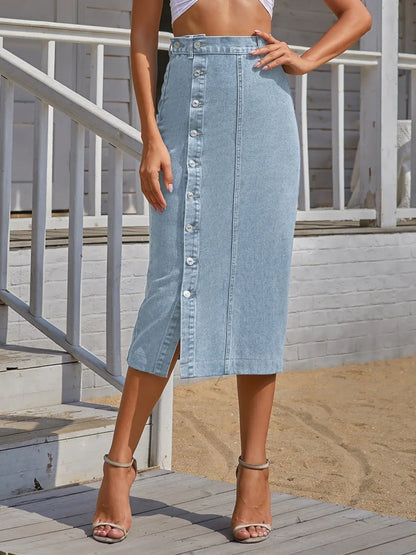 Sexy Streetwear Button Women Skirt Elegant Denim Skirt Female High Waist Casual Bodycon Long Skirts