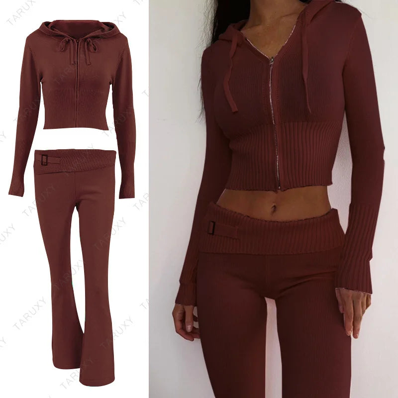 Autumn New Knitted Hoodie Set Women's Fashion Brand Solid Color Sexy High Waist Long Sleeve Pants Two Piece Set