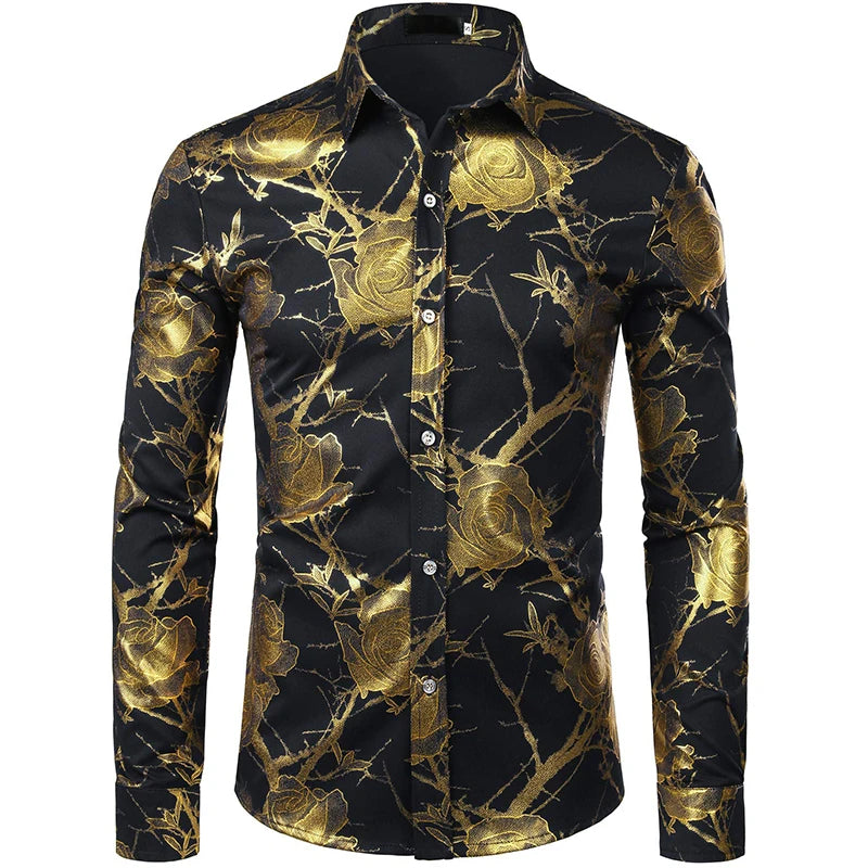 Men's Gold Shirt 3D Rose Print Slim Fit Button-Down Party Dress Shirt Athleisure Fashion Comfortable Long Sleeve