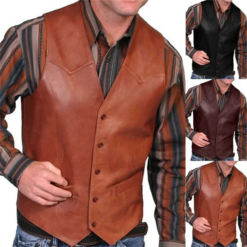 Leather Vest for Men Waistcoat  Western Cowboy Casual