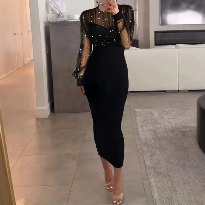 Women Mesh Pearl Splice Long Dress Full Sleeve Slim Fit Wrap Hip Dresses Sheath Evening Vestidos Sexy Elegant High Waist