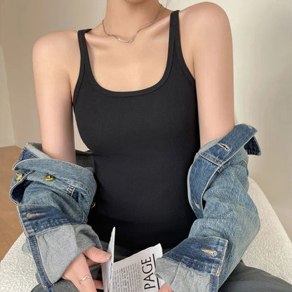 Women Summer Cotton Sexy Inner Square Neck Tank Top Versatile Slim Knit Basic Crop Top Off Shoulder Simple Elastic Bottom Shirt