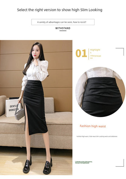 Irregular Slit Mid Length Long Length Spring Pleated Skirt