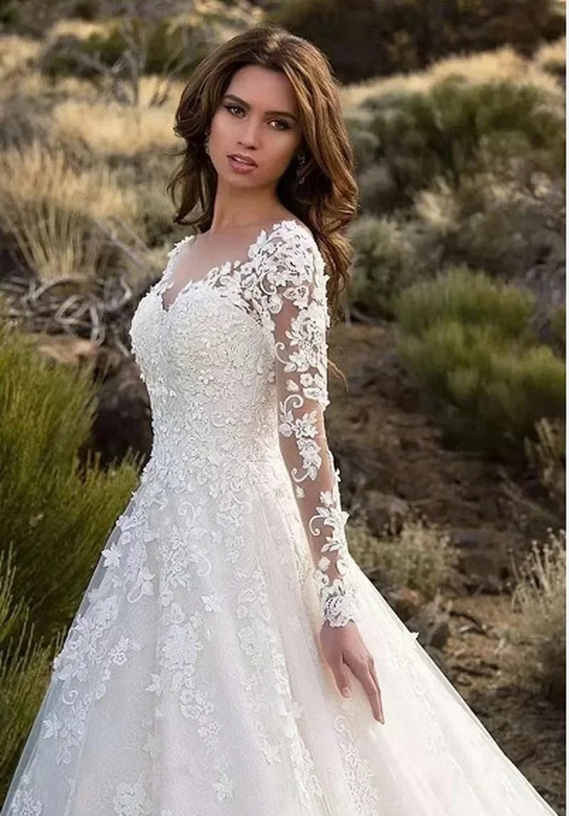 Women Long Sleeve V Neck Lace Floor-Length Bride Clothing White Fashion Party Church Formal Wear Dresses Elegant Formal Dress