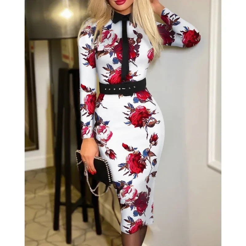 Office Lady Vintage Print Long Sleeve Belt Slim Bodycon Dress Women Summer New Elegant Fashion Commute Dresses