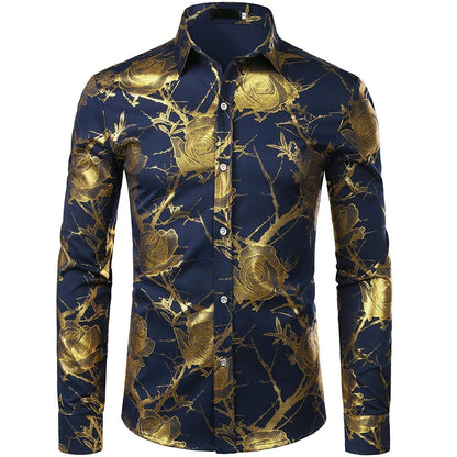 Men's Gold Shirt 3D Rose Print Slim Fit Button-Down Party Dress Shirt Athleisure Fashion Comfortable Long Sleeve