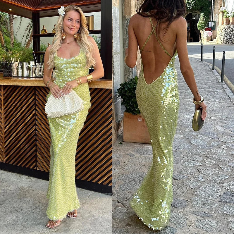 Sequins Halter Women Evening Dresses Sexy Patchwork Sleeveless Backless Deep V Neck Female Party Dress 2024 Euphoria Lady Robe