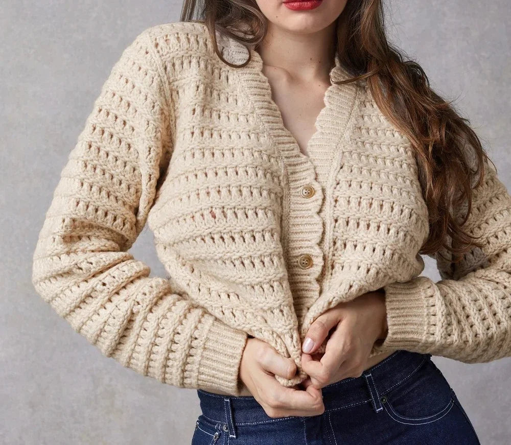 New Style Texture Wool Blended Hollow Hook Weaving V-neck Long Sleeve Buckle Knitted Sweater