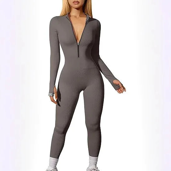 Hot Selling Women's Yoga Jumpsuit Exercise Ribbed Long Sleeved Front Zipper Sports Jumpsuit